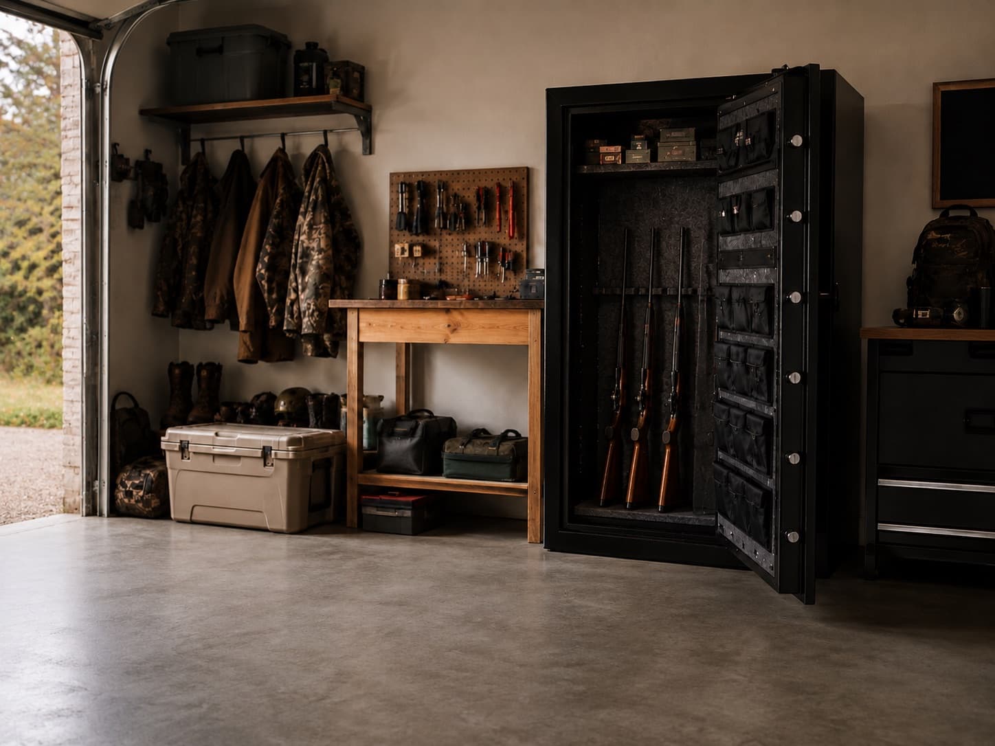 An open gun safe at home, fully stocked with shotguns