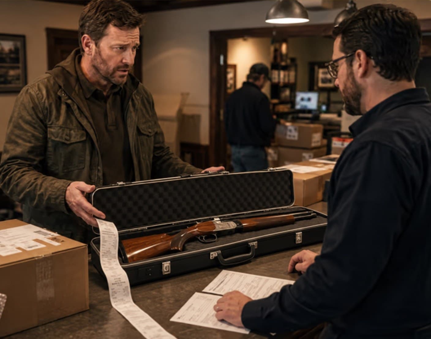 A collector at a gun shop shipping counter with a cased over-and-under shotgun and a long insurance receipt trailing across the counter