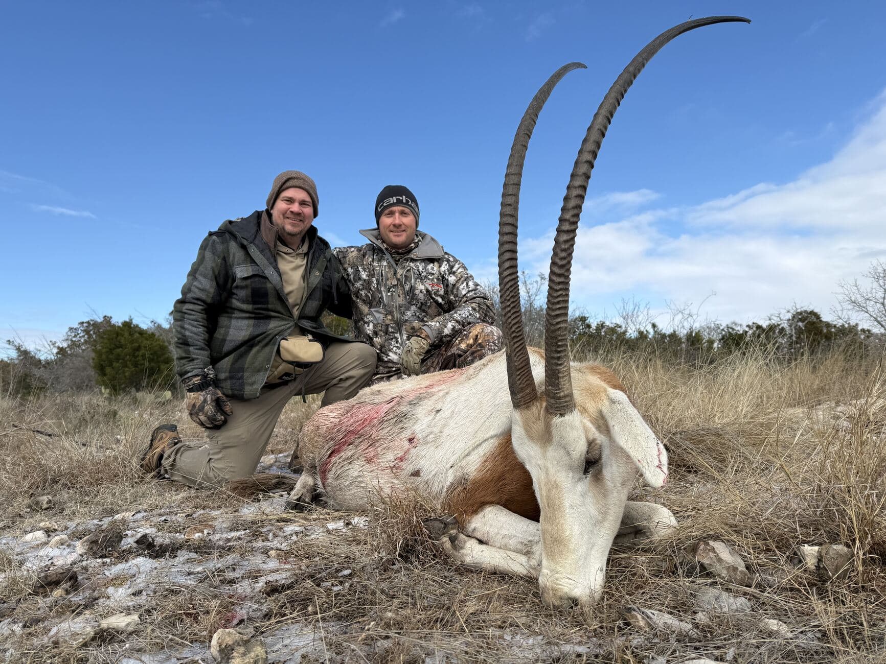 Two hunters with a pair of oryx trophies